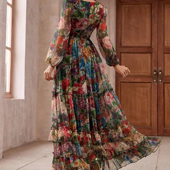 Multicolor Elegant Women's Floral Long Sleeve Frill Trim Maxi Dress - Picture 2 of 6